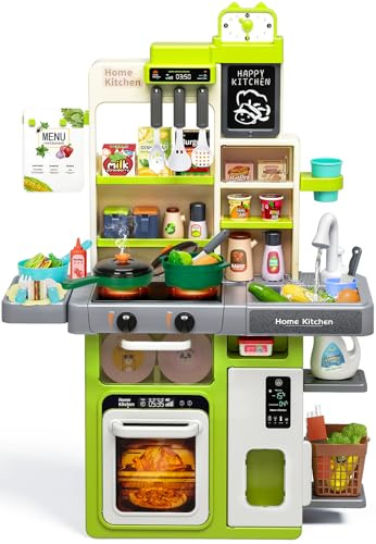 Kids Play Kitchen Set, Toddler Kitchen Playset with Sound & Light, Cooking Stove with Steam, Play Sink, Play Food Toy and Kitchen Accessories, Kitchen Toy for Kids Girls Boys (31.5 * 22 * 8.6in)