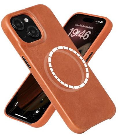 LUCKYCOIN Magnetic Phone Case for iPhone 15 6.1 in,Compatible with MagSafe Wireless Charging,Genuine Leather Case with Metal Buttons,Shockproof Screen Protector Phone Bumper Cover-Brown