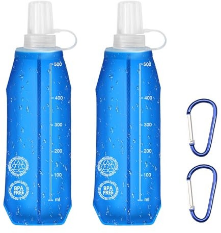 CAINCAY TPU Faltbare Trinkflaschen, 2 Stück 500ml Soft Flask Wasserflasche mit Karabiner BPA-Frei Sportflasche für Trinkrucksack, Trinkflasche Laufflasche Wandern Joggen Camping Bergsteigen