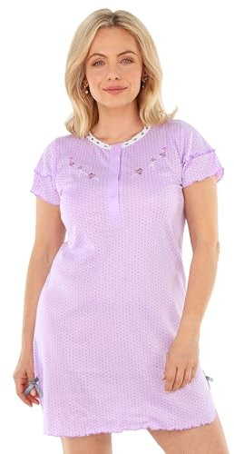Schuerzenfabrik - Chemise de nuit à manches courtes pour femme, bleue, rose, violet, orange avec boutonnière, Manches courtes, violet, M brodé, XXL