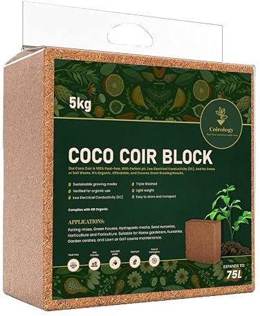 COIROLOGY Organic Coco Coir Compost Block 5KG | Peat-Free Pre-Washed Calcium Enriched Compressed Coconut Fiber Growing Medium | Ideal Potting Compost Soil Mix for Seed Starting (Pack of 1 (5Kg))