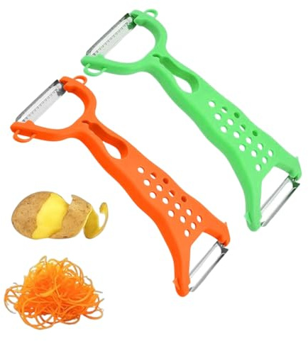 Pelador y rallador de acero inoxidable 2 en 1 de 2 piezas con doble función, mango ergonómico antideslizante y hoja afilada y duradera para verduras, zanahorias y frutas.