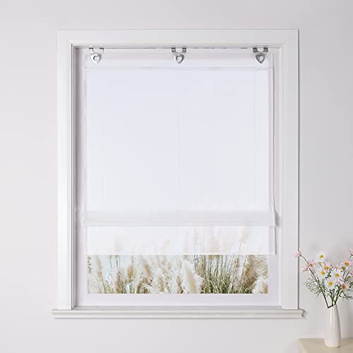 Yujiao Mao Raffrollo ohne Bohren Ösenrollo Küche Gardine Mit Hakenaufhängung Modern Raffgardine Wohnzimmer Transparent Vorhang Uni Weiß BxH 60x130cm
