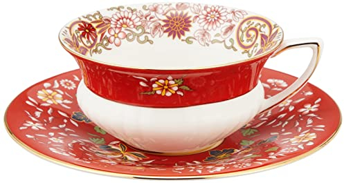 Wedgwood 40024021 Wonderlust Crimson Orient Set Teetasse und Untertasse, Feines Knochenporzellan, Purpurfarbener Schmuckstein
