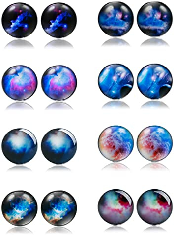 Thunaraz 8 Paare Unisex Edelstahl Ohrstecker Galaxy Astronomie Ohrringe für Mädchen Jungen