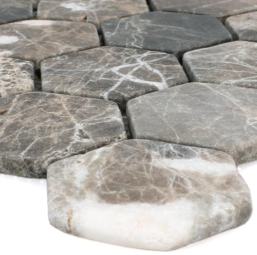 Mosaik Fliese aus Naturstein Marmor Tarsus Hexagon Emprador für Gäste WC Wand