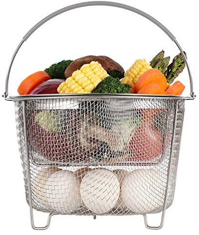 AOZITA Steamer Basket for Instant Pot Accessories 6 qt or 8 quart - 2 Tier Stackable 18/8 Stainless Steel Mesh - Silicone Handle - Vegetable Steamer Insert, Egg Basket, Pasta Strainer,Silver