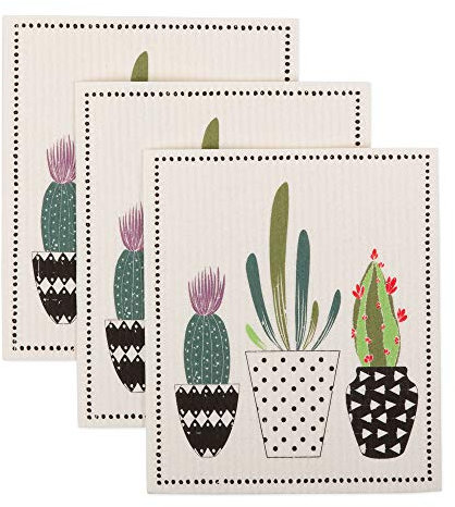 DII - Paños suecos para Cocina y Limpieza, Reutilizables, Lavables a máquina y Aptos para lavavajillas, biodegradables, 19,6 x 17 cm, Succulents (suculentas), 3 Unidades