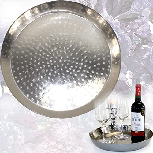 ORIENTALISCHE DEKOSCHALE Silber 36 cm Ø RUND aus Metall | Serviertablett Dekoschale Kerzenhalter Dekotablett Teetablett Wohndeko