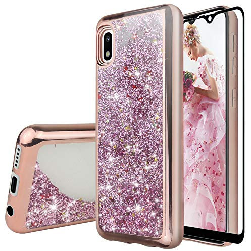 TJS Schutzhülle für Samsung Galaxy A10E 5,8 Zoll 2019, mit Displayschutzfolie aus gehärtetem Glas, glitzernd, flüssig, Sterne, bewegliche Quicksand, Rose Gold