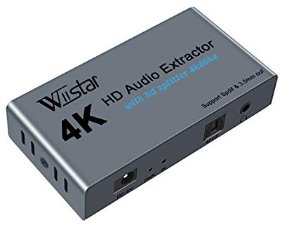 Wiistar Extracteur audio HDMI 4K 1 x 2 4 K 60 Hz avec optique + sortie audio 3,5 mm HD 1 entrée 2 sorties support HD 1.4 HDCP 1.4 pour PS4, Xbox, lecteur DVD, Blu-ray, projecteur TV HD