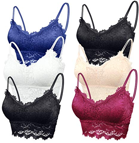 FEOYA Damen BHS 6er Pack Ohne Buegel Push up Yoga Spitze BH Bra Top Set Sport-BHS für Women-Weiß+Schwarz+Hautfarbe+Blau+Rot-XL