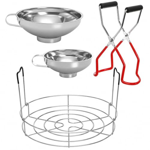 Cedilis 4 Pieces Canning Kit, Stainless Steel Canning Supplies Starter Set, 1PC Canning Rack+ 1PC Jar Lifter Tong+ 2PC Funnels, Canning Tools for Mason Jars