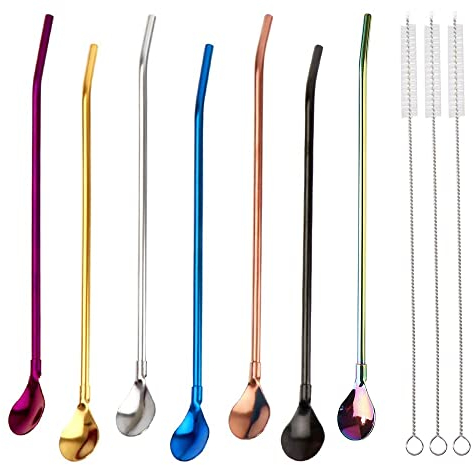 Cuillère à Paille Réutilisable,Acier Inoxydable Remuer Cuillère 7 Pièces 2 en 1 Pailles Cuillère en Métal pour Smoothies Laits Frappés Cocktail Café avec 3 Brosses de Nettoyage(Multicolore)