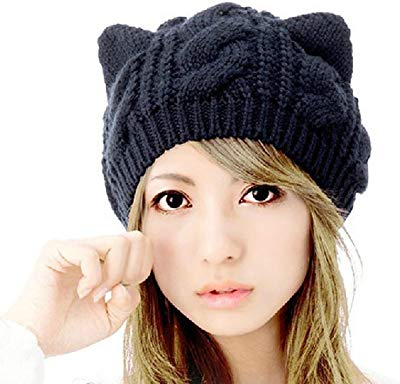 Yanyan Hut Süße Katzenohrform Winter Skifahren Warme Mütze Katze Ohrenlose Handgemachte Strickmütze (Schwarz)