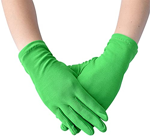 Glücksvogel Handschuhe Damen Kurz Satin Handschuhe 1920s Handschuhe Elastisch Opera Fest Handschuhe Kostüm Handschuhe Erwachsene Größe Ellenbogen bis Handgelenk Länge 22cm (Grün, One Size)