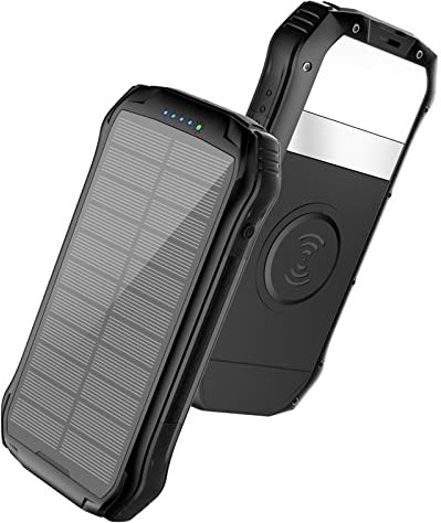 WFEI Solar Charger Power Bank Portable Fast Qi Wireless Charger External Battery Pack Waterproof with Flashlight,Black