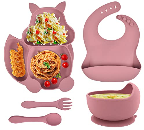 Baogaier Vajilla Bebe Silicona Juego de Alimentación Bebe con Ventosa Plato y Cuenco Cuchara Tenedor Babero, 5 Piezas Juegos de Vajilla Bebé Rosa Libre de BPA Aprendizaje Kit para Infantil Niñas