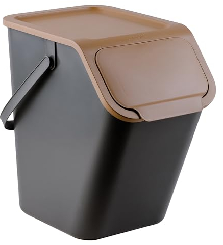 Go Practic Küchen Mülleimer 1x 25L Braun mit Deckel, für Bio Abfälle, Mülltrennsystem für Recycling, Abfallbehälter zur Trennung, Click-Funktion, Kunststoff Abfallbehälter zur Mülltrennung