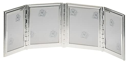 H.Bauer jun. Versilberter Mehrfach-Fotorahmen für 4 Fotos 3,5x4,5 cm - kleiner Klapprahmen mit Rillen & Fadenoptik - polierter Bilderrahmen mit Glas & Rückwand zum Aufstellen