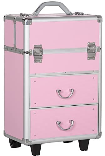HOMCOM Valise Trolley Maquillage Mallette cosmétique Vanity poignée télescopique réglable 36L x 23l x 58H cm alu ABS Rose