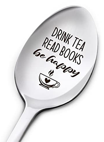 Spoon Gifts for Tea Lover, Drink Tea Read Books Be Happy, Birthday Graduation Christmas Gifts for Tea Book Lover Reader Bookworm, Engraved Stainless Steel Tea Spoon Gifts for Teen Kids Men Women