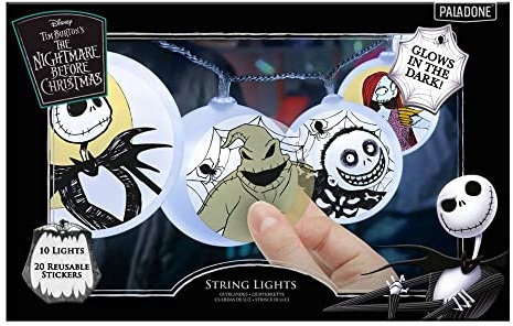 Nightmare Before Christmas String Lights - Officially Licensed Disney Fairy Lights with Glow in The Dark Jack Skellington Stickers, Spooky Bedroom Decor | Paladone