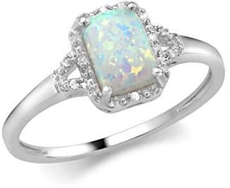 CARISSIMA Women's 9ct White Gold 0.03ct Diamond and Synthetic Opal 7mm x 8.5mm Rectangular Halo Ring #K