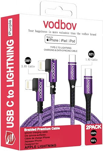 VODBOV Cable USB-C to Lightning 90 Degree 2Pack 10ft 6ft iPhone Charger Fast Charging Cable Right Angle Cord (Cosmos Purple)