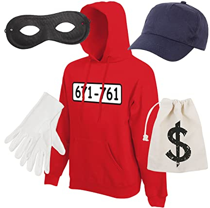 Alsino Panzerknacker Kostümset - Roter Hoodie mit Basecap, weißen Handschuhen, schwarzer Maske und Geldbeutel - Perfekt für Karneval, Fasching und Mottopartys, XL