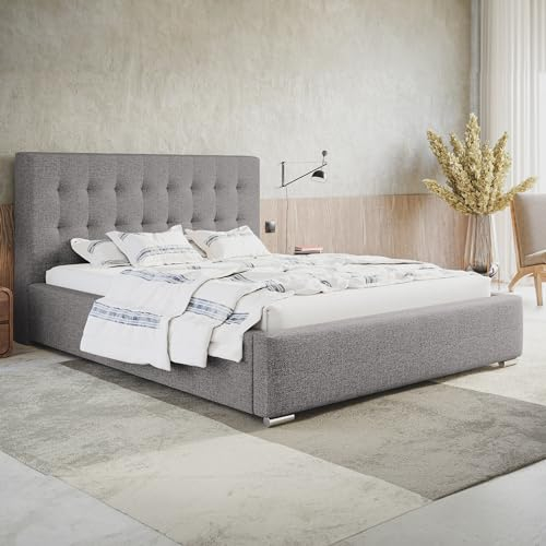 MOTIVENA Deli Polsterbett 160x200 mit Bettkasten, Bett 160x200 mit Lattenrost, Bett 160x200 mit Stauraum, Stauraumbett 160x200, mit Kopfteil, ohne Matratze, Stoff, Grau (Hellgrau)