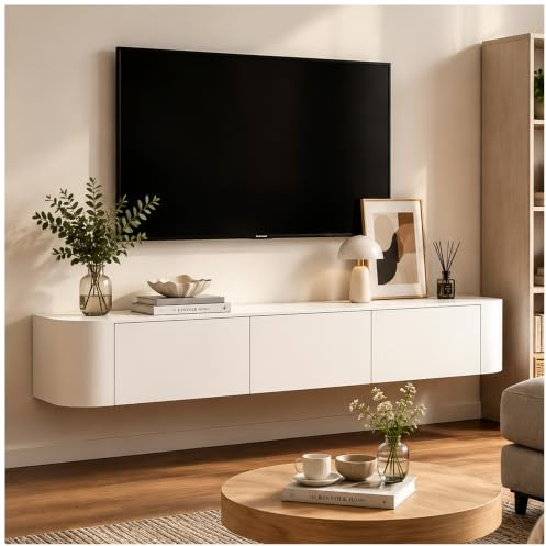 Mobile TV in Legno, Console TV Bianca con Cassetti, Mensola TV Sospesa per Soggiorno, Tavolo TV per Centro Intrattenimento con Portaoggetti, Supporto TV Lungo per Montaggio (Color : Bianca, S : 140c