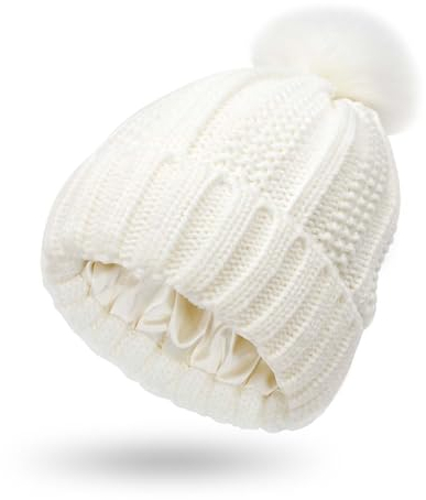 Damen Winter Mütze Warme Strickmütze mit Kunstfell Fell-Bommel Strick-Mütze Satiniert Gefüttert Dicke Ohrenschutz Gestrickte Beanie