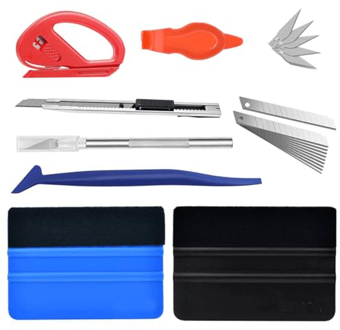 EIHI 8 Pièces Kit Covering,Outils De Film Pour Papier Peint De Fenêtre De Voiture Vinyle,Kit De Raclettes Accessoires Voiture, Avec Raclette En Feutre Couteau Universel Et Des Lames, Pour Pose Adhesif