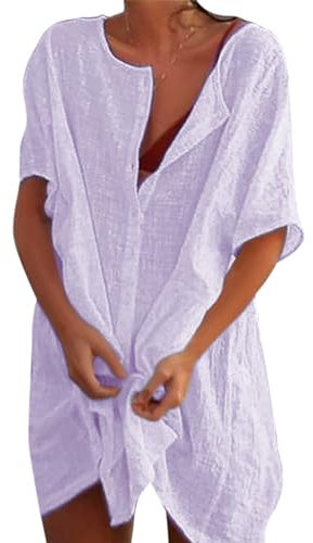 Svanco Copricostume Donna Mare Abiti Lunghi Estivi Camicia da Spiaggia Camicetta in Cotone Elegante Vestiti Corti Costumi da Bagno Bikini Cover Up per Piscina Mare Estate Viola XL