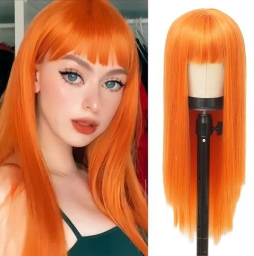 Orange Lange Gerade Perücken für Frauen Synthetische 28 Zoll Natürliche Haar Perücke mit Bangs für Cosplay Täglichen Gebrauch
