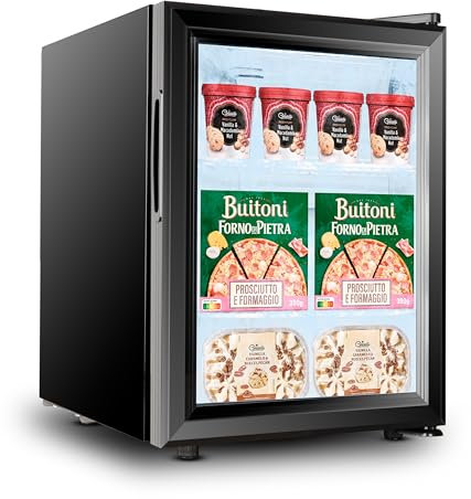 Mini Gefrierschrank klein mit Glastür (21 Liter). Kompakter Einbaugefrierschrank, ideal für kleine Küchen und Büros. Energieeffizienter mini tiefkühlschrank für unter der Theke.