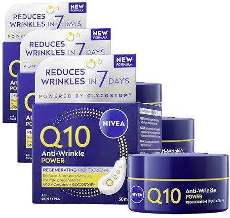 NIVEA Q10 Anti-Wrinkle Power Revitalising Night Cream (50ml), Anti-Wrinkle Face Cream with Skin Identical Q10 and Creatine, Regenerative Night Cream (Pack of 3)