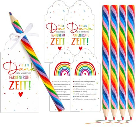 BOFUNX 5 Stücke Anhänger Danke Für Die Schöne Zeit Etiketten zum Abschied + 5 Stücke Regenbogen Buntstifte für Kita Kindergarten Abschiedsgeschenk Erzieherin Erzieher Danke Geschenk