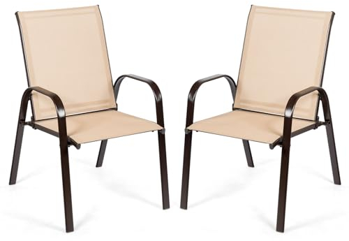 COSTWAY 2er Set Gartenstühle mit Armlehnen, Terrassenstühle aus Textilene und Metallgestell, Balkonstühle bis 200 kg belastbar, für Garten, Balkon, Poolbereich, 56 x 72 x 90 cm (Beige)