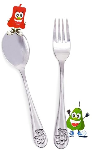 Steel-Function Kinderbesteck Set 2 Teilig | Kinderbesteck Edelstahl zur Entwicklung feinmotorischer Essfertigkeiten | Kinder Besteckset mit Teddybär-Motiv | Kinder Besteck in Stilvollem Design