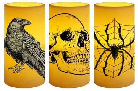 Halloween deko led kerzen, 3 x halloween led horror deko stumpenkerzen mit totenkopf,Spinne, Spinnennetz,rabe halloween Muster für halloween deko innen outdoor, herbstdeko