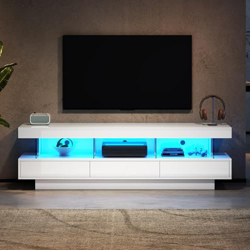 BTM TV Cabinet, TV Stand Cabinet with 3 Drawers & 3 Open Storage Space, White High Gloss TV Unit with LED Lights via Bluetooth, TV Unit for 70-79 inch TV, 160x38x50.5cm