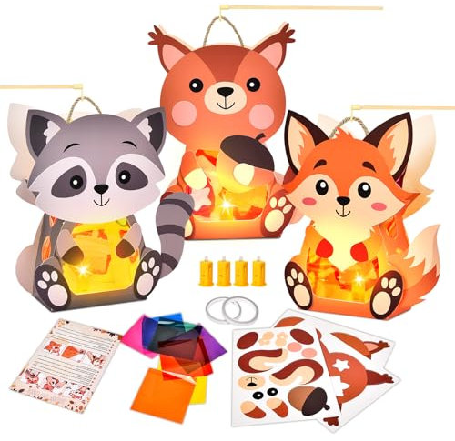 Herenear 3 Stück Laternen Bastelset Kinder, Sankt Martin Laterne Basteln, Tierische Papierlaternen mit Laternenstäben, DIY Herbst Dekoration Bastelset, Sankt Martins Laternenumzug, Kinder Laternen