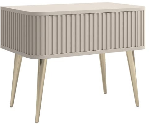 Selsey Nachttisch Beistellschrank Beistelltisch Nachtschrank 63 cm Schublade Gerillt Push to Open Soft Close Goldene Beine Graubeige Ovarlo