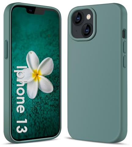 AGGPLTO Flüssig Silikon Hülle für iPhone 13 / iPhone 14 (6,1 Zoll) - Ultra Dünn Ganzkörper Schutzhülle, 4-lagige Stoßfeste Struktur, Weiches Kratzfestes Mikrofaserfutter Handyhülle, Dunkelgrün