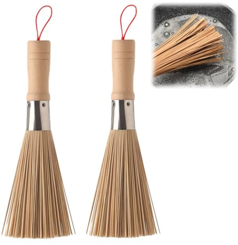 2 Pcs Brosses en Bambou Naturel pour Wok, Brosse pour Nettoyer Les Legumes, Brosse à Vaisselle en Bambou, Brosses de Nettoyage pour Wok, pour Cuisines Ménagères, Restaurants, Appareils de Nettoyage