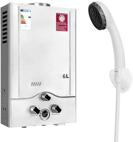 Chauffe-eau à Gaz, Chauffe-eau au Gaz Propane GPL 6L avec Kit de Douche, avec Modes Hiver et Été, chauffe-eau instantané sans réservoir 16kw, pour la Maison et I'extérieur (B)