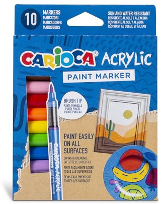 CARIOCA Acrylfarbenmarker für einfaches Malen auf allen Oberflächen – Pinselspitze, hochdeckende Tinte auf Wasserbasis, trocknet nicht (Box mit 10 Acrylmarkern)