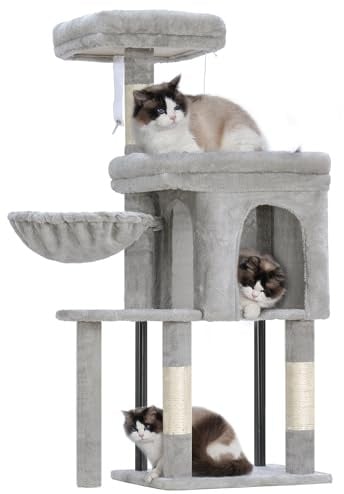 Hey-brother Kratzbaum Turm, Kratzbäume mit gemütlicher Höhle, gepolstertem Bett, Hängematte, Plüsch-Sitzstange, Sisalstamm und Ball für Indoor-Kätzchen, 112 cm, Hellgrau MPJ009SW